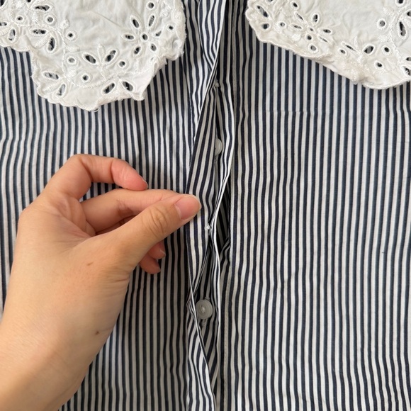 J. Crew Lace Collar Poplin Top Stripe Size XS BS126 Cottagecore Neutral Spring - Picture 6 of 13
